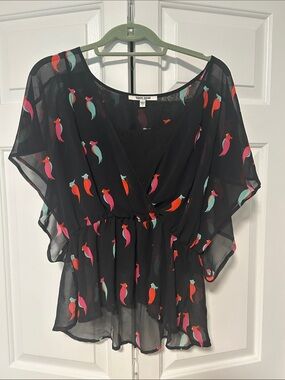 Daniel Rainn Black Chiffon Peplum Top with Pink, Orange and Teal Bird Print